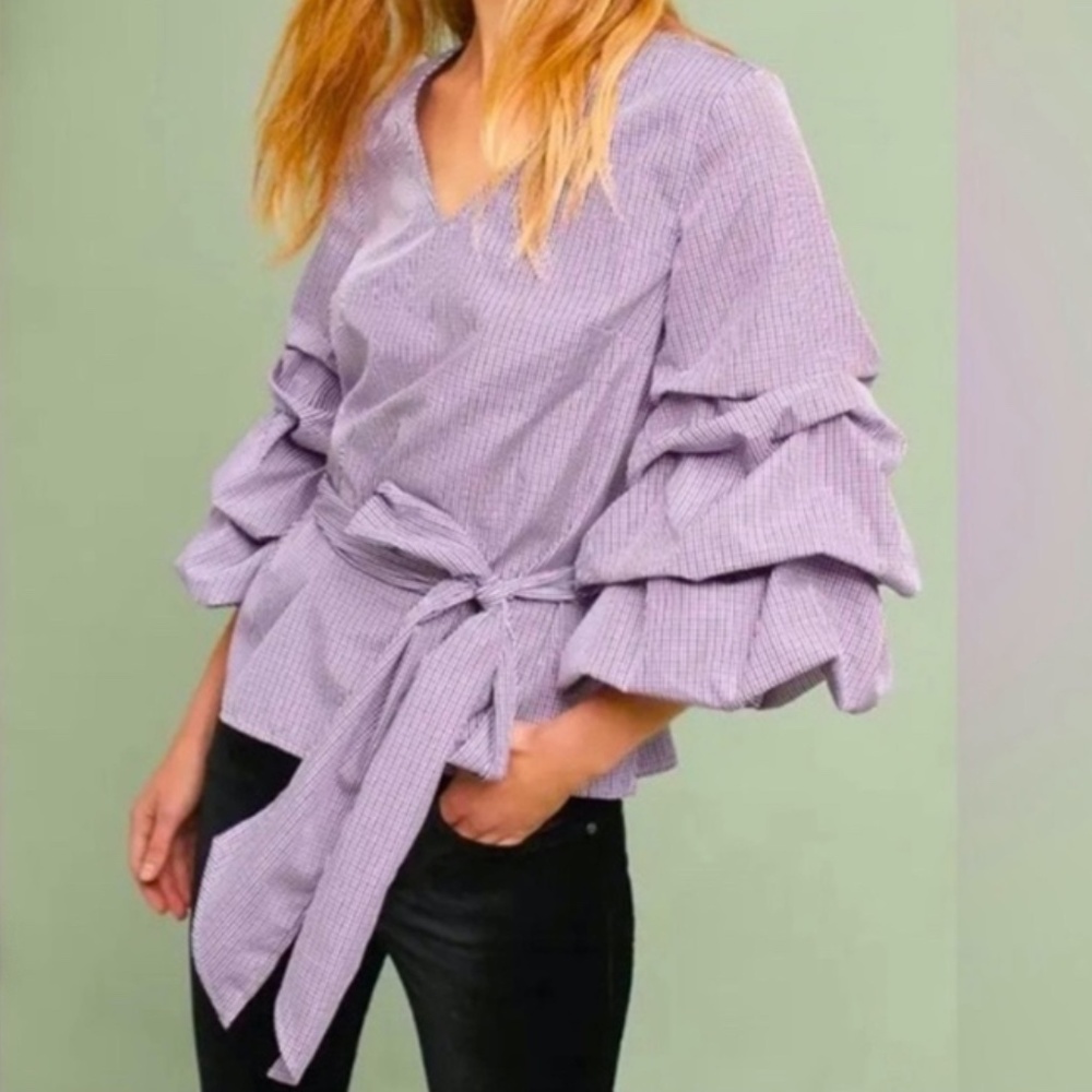 NWT Anthropologie Sunday In Brooklyn Purple Plaid Ruffle Sleeve Top